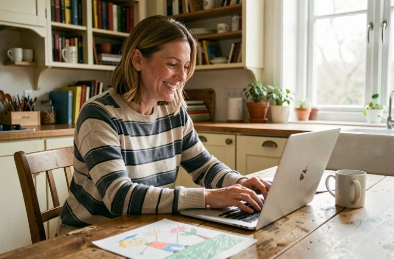 Mère de famille nombreuse souriant devant son ordinateur portable dans une cuisine chaleureuse, illustrant l'entraide entre familles sur les forums en ligne