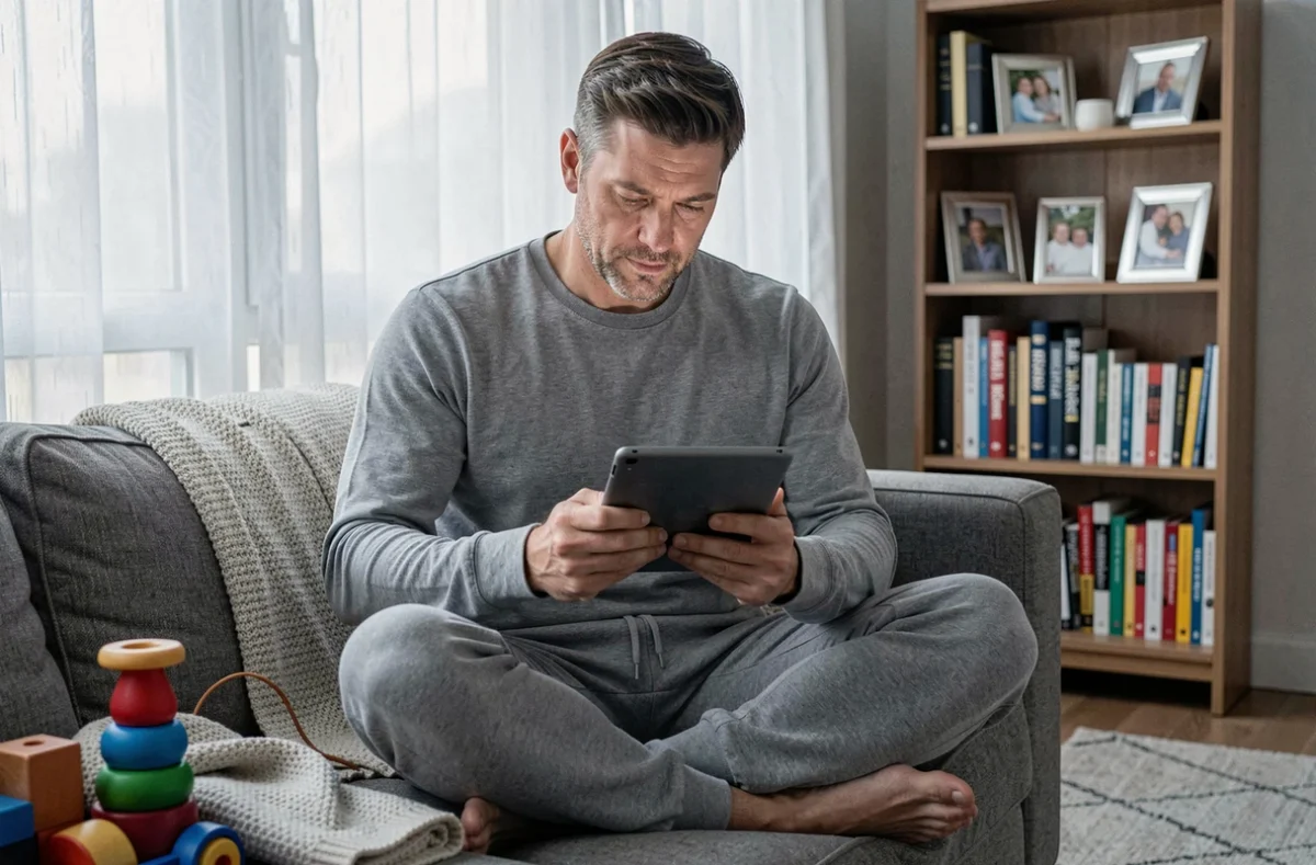 Père de famille nombreuse consultant un forum d'entraide sur sa tablette dans son salon, représentant la communauté virtuelle de soutien entre parents