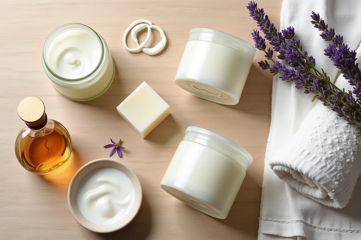 Plat posé de produits de beauté luxueux incluant crèmes, savons et parfums, représentant les alternatives haut de gamme à la marque Rituals