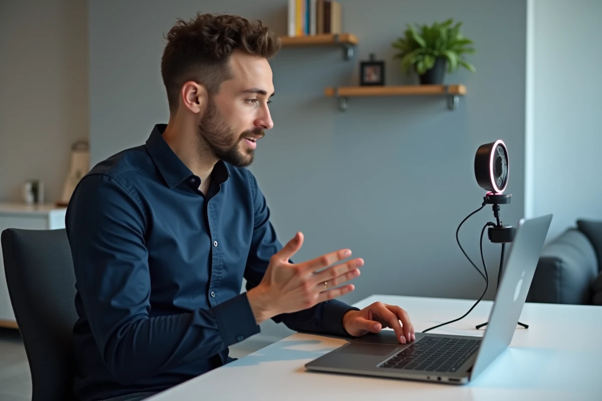 Professor particular online conduzindo uma aula à distância a partir de seu escritório em casa com um laptop