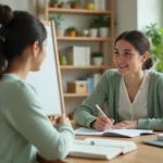 Professeure particulière à domicile expliquant un exercice à une élève adolescente dans un bureau chaleureux et bien aménagé