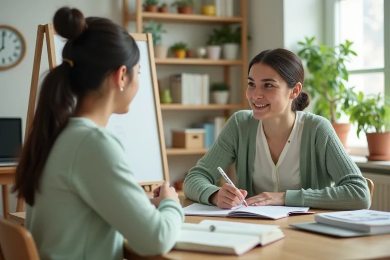 Professeure particulière à domicile expliquant un exercice à une élève adolescente dans un bureau chaleureux et bien aménagé