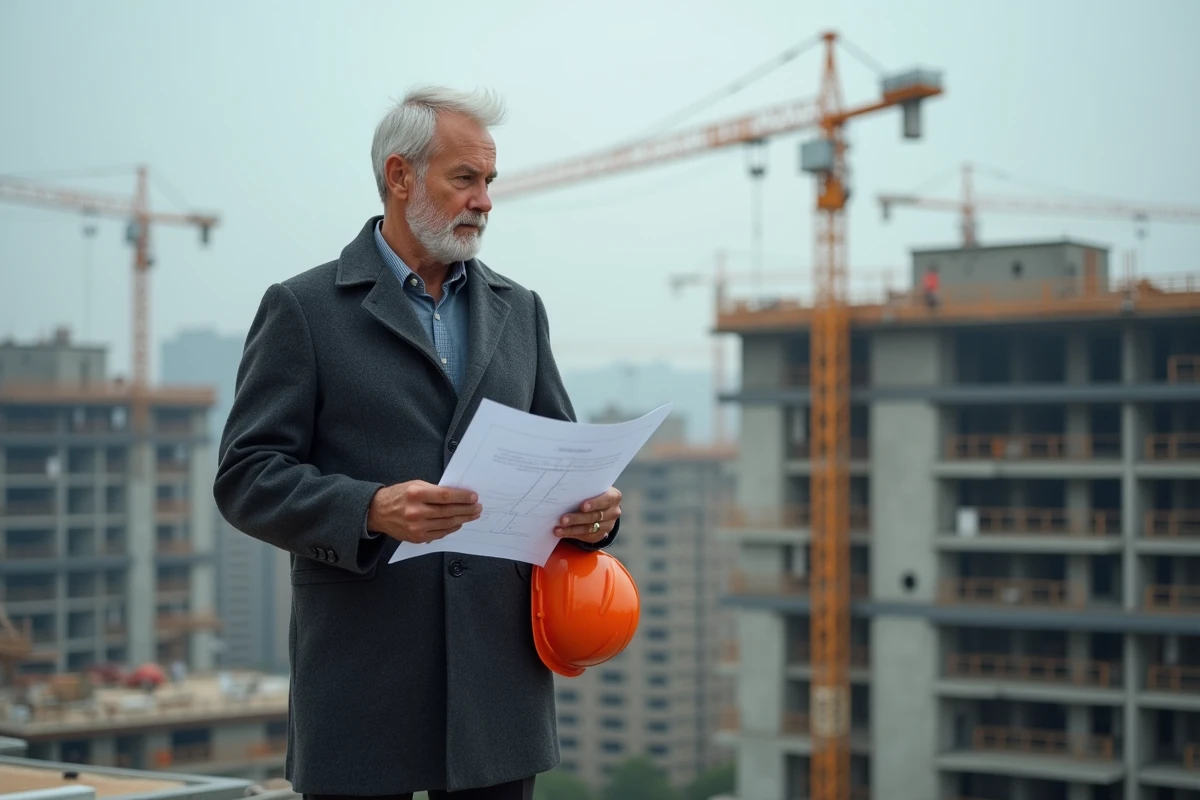 Promoteur immobilier sur un chantier de construction résidentielle examinant des plans architecturaux en 2024