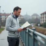 Homme consultant une carte urbaine sur une passerelle avec vue sur les quartiers résidentiels de Noisy-le-Grand