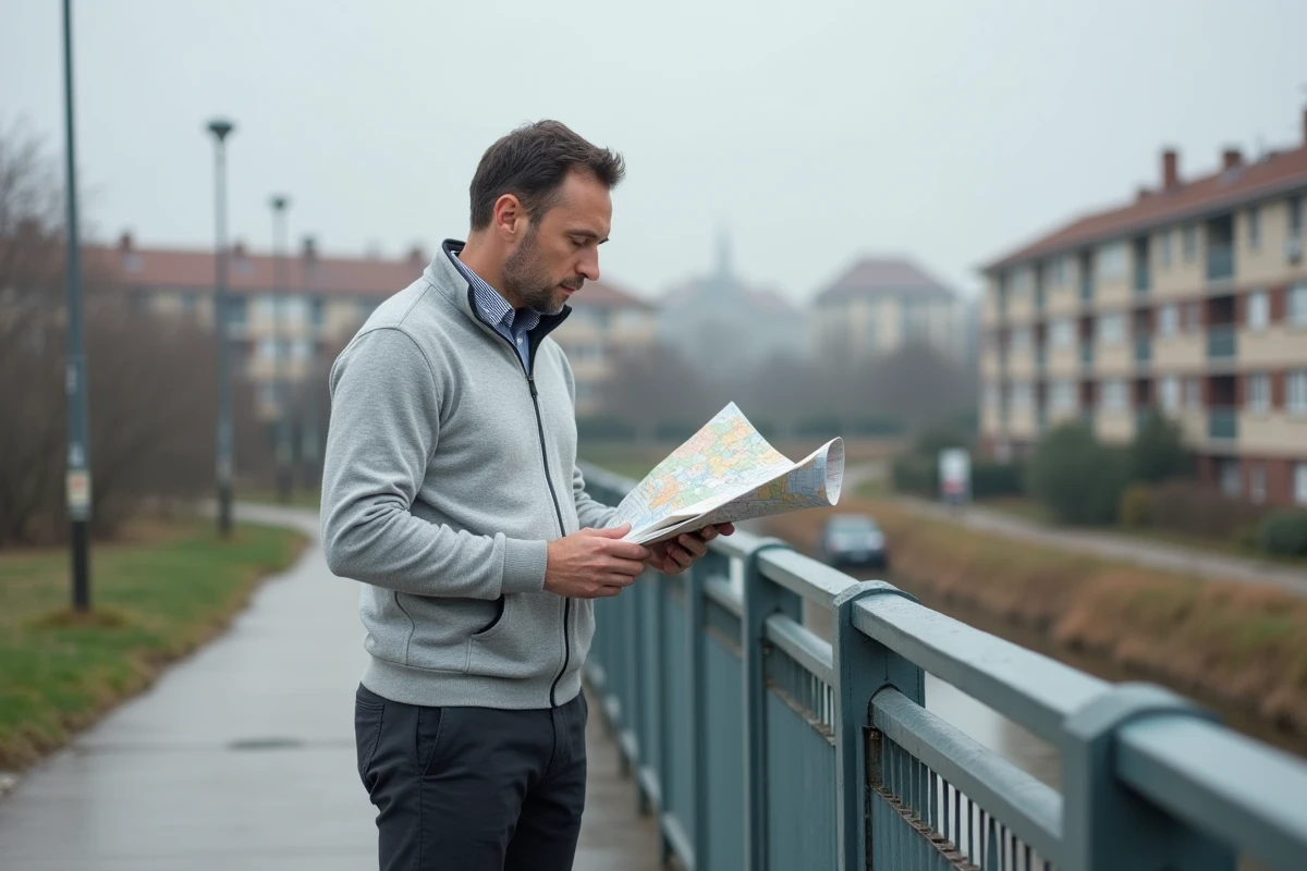 Homme consultant une carte urbaine sur une passerelle avec vue sur les quartiers résidentiels de Noisy-le-Grand