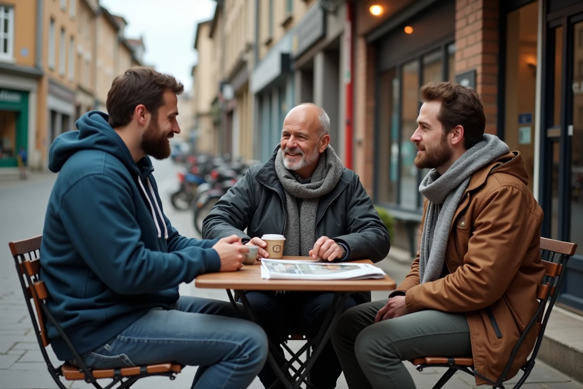 Groupe de résidents discutant en terrasse de café dans un quartier populaire de Noisy-le-Grand