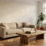 Salon moderne et chaleureux avec canapé en lin beige, table basse en chêne et plantes en pot en terre cuite dans un appartement contemporain