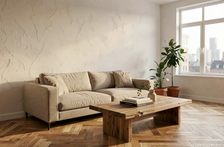 Salon moderne et chaleureux avec canapé en lin beige, table basse en chêne et plantes en pot en terre cuite dans un appartement contemporain