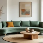 Salon moderne décoré avec un canapé en velours vert sauge, une table basse en chêne brut et des accessoires en céramique aux tons naturels