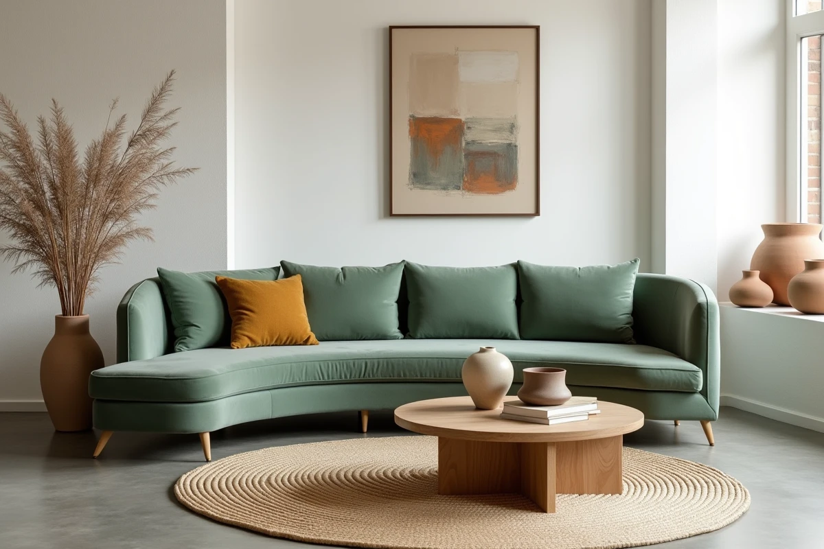 Salon moderne décoré avec un canapé en velours vert sauge, une table basse en chêne brut et des accessoires en céramique aux tons naturels