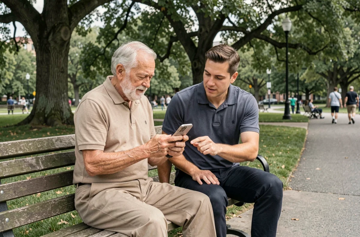 Un senior apprend à utiliser une application d'assistance numérique dans un parc avec un conseiller spécialisé