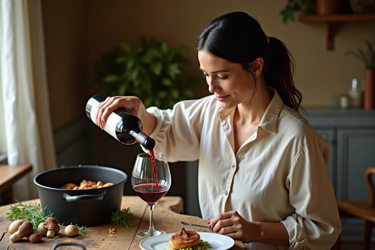 Femme versant un vin rouge dans un verre de cristal à table avec un plat de veau aux morilles en arrière-plan