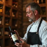 Sommelier expert tenant une bouteille de vin rouge de Bourgogne dans une cave à vins pour accompagner un veau aux morilles
