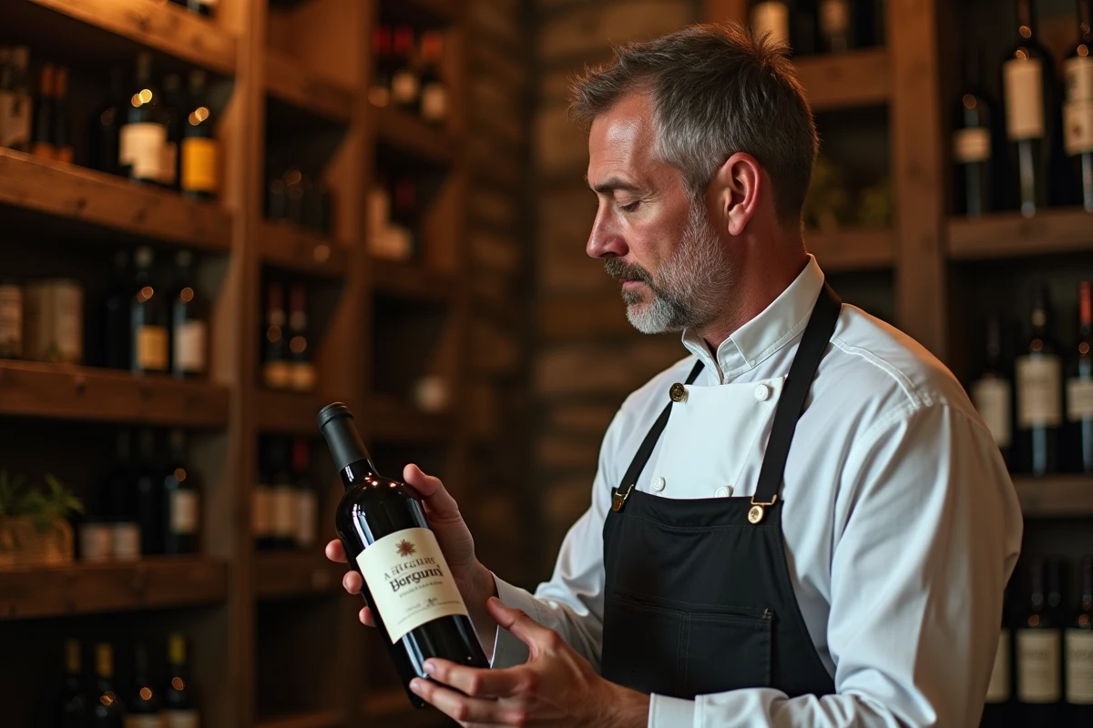 Sommelier expert tenant une bouteille de vin rouge de Bourgogne dans une cave à vins pour accompagner un veau aux morilles