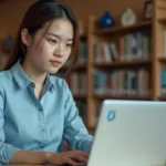 Jeune femme stagiaire accédant à l'extranet PSB sur un ordinateur portable dans une bibliothèque universitaire