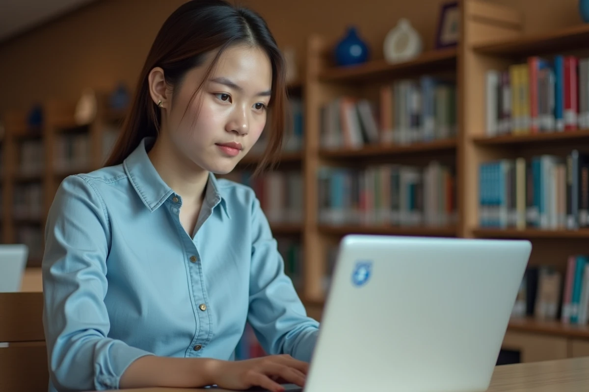 Jeune femme stagiaire accédant à l'extranet PSB sur un ordinateur portable dans une bibliothèque universitaire
