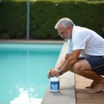 Homme lisant les instructions d'un clarifiant piscine devant une eau trouble dans sa piscine de jardin
