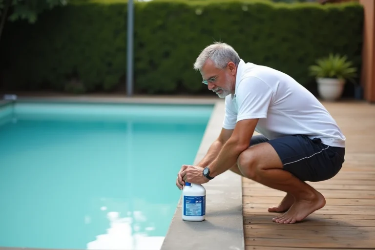 Homme lisant les instructions d'un clarifiant piscine devant une eau trouble dans sa piscine de jardin